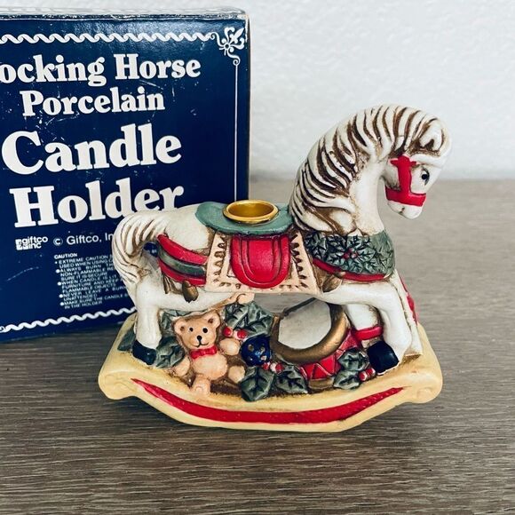 Vintage Christmas Porcelain Carousel Rocking Horse Candle Holder - Picture 2 of 5